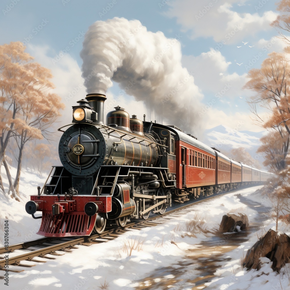 Fototapeta premium A Steam Train Chugging Through a Snow Covered Forest