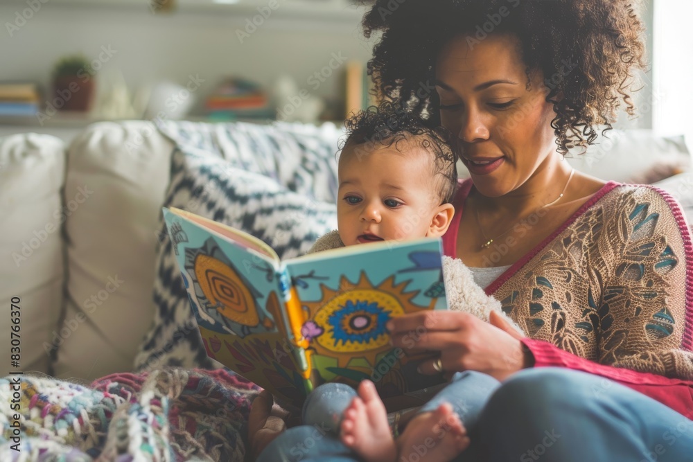 Obraz premium A caregiver reading a picture book to a curious baby on their lap