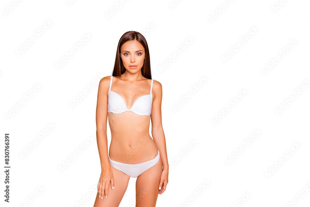 Fototapeta premium Charming well-groomed dreamy leisure lifestyle cute nice sweet brunette hair lady in her white underwear she stands isolated on pastel beige background with copy space for text look at camera