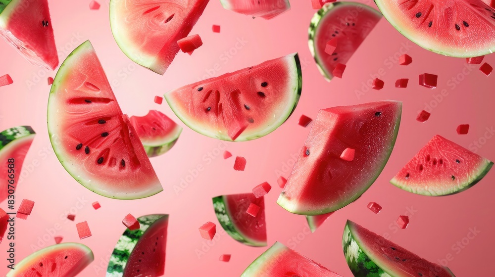A juicy red slice of ripe watermelon isolated on a pink background