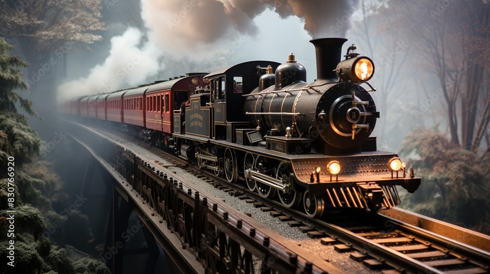 Naklejka premium A Steam Train Chugging Through a Snow Covered Forest