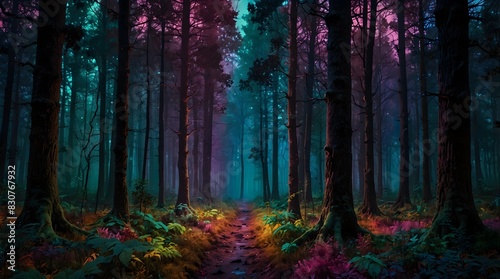A psychedelic dreamscape where a colorful and dark forest morphs and twists, challenging perception and reality ai_generated photo