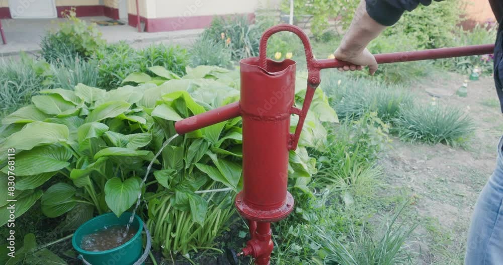 Person Using A Hand Water Pump - Close Up Person Using A Hand Water Pump - Close Up