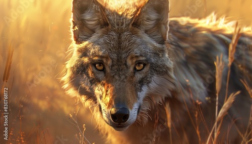 An Arabian wolf, Canis lupus arabs, staring directly at the camera, capturing the intensity and wild essence of this species photo