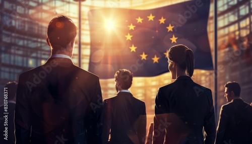 A concept image representing European Union politics, featuring the back view of unidentifiable politicians at the EU parliament with the European Union flag in the background photo