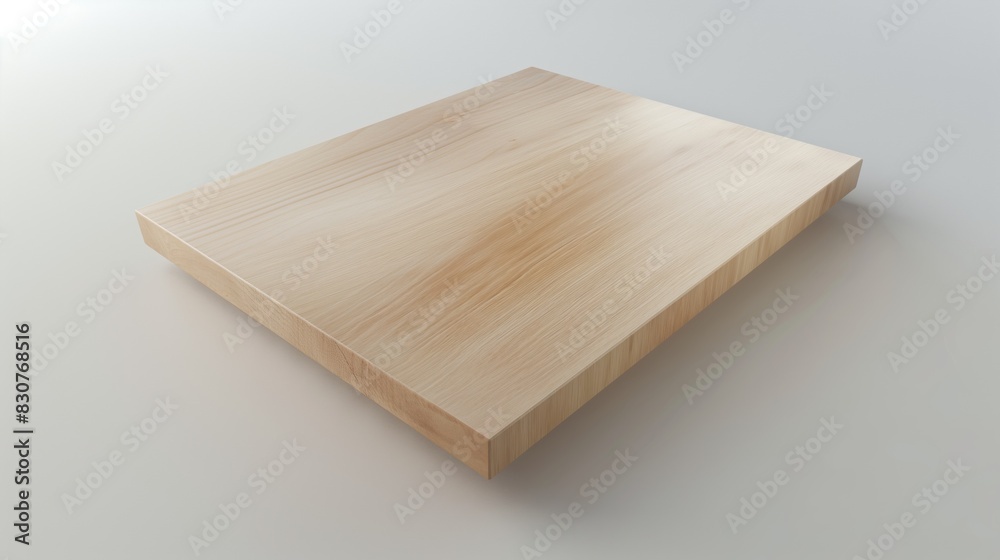 3D illustration of a beech board, Smooth wooden cutting board on white surface in daylight.