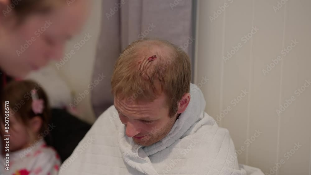 Wife caring for husband head injury in living room, daughter in background Wife caring for husband head injury in living room, daughter in background