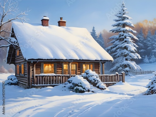 Winter Cottage House Nature Oil Painting Art © PikGrand