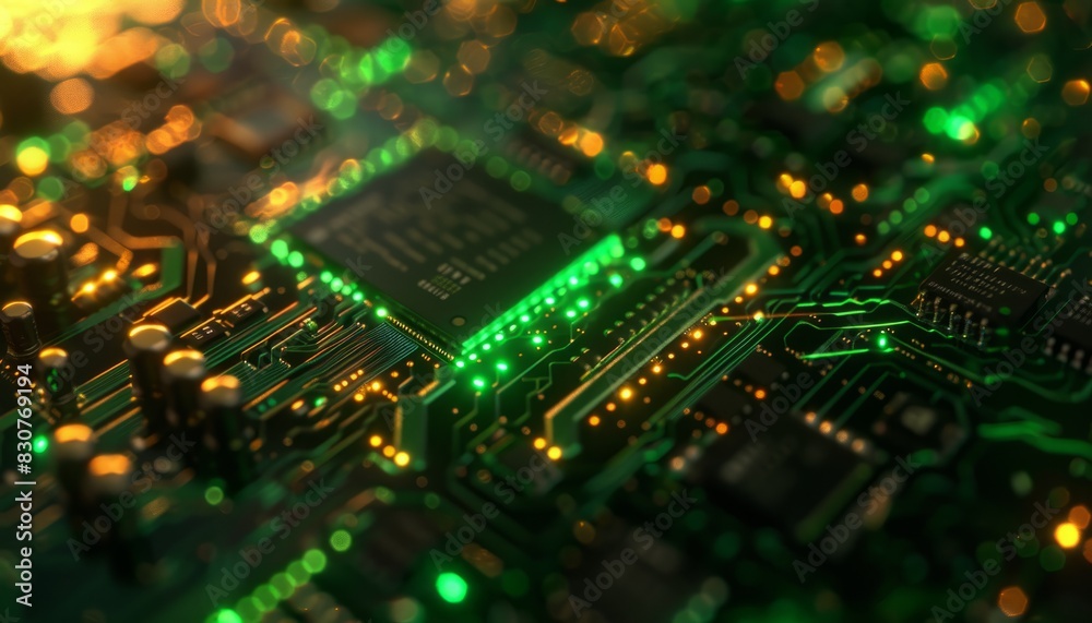 A close-up view of a green-lit circuit board and microchip, emphasizing the details and functionality in technology