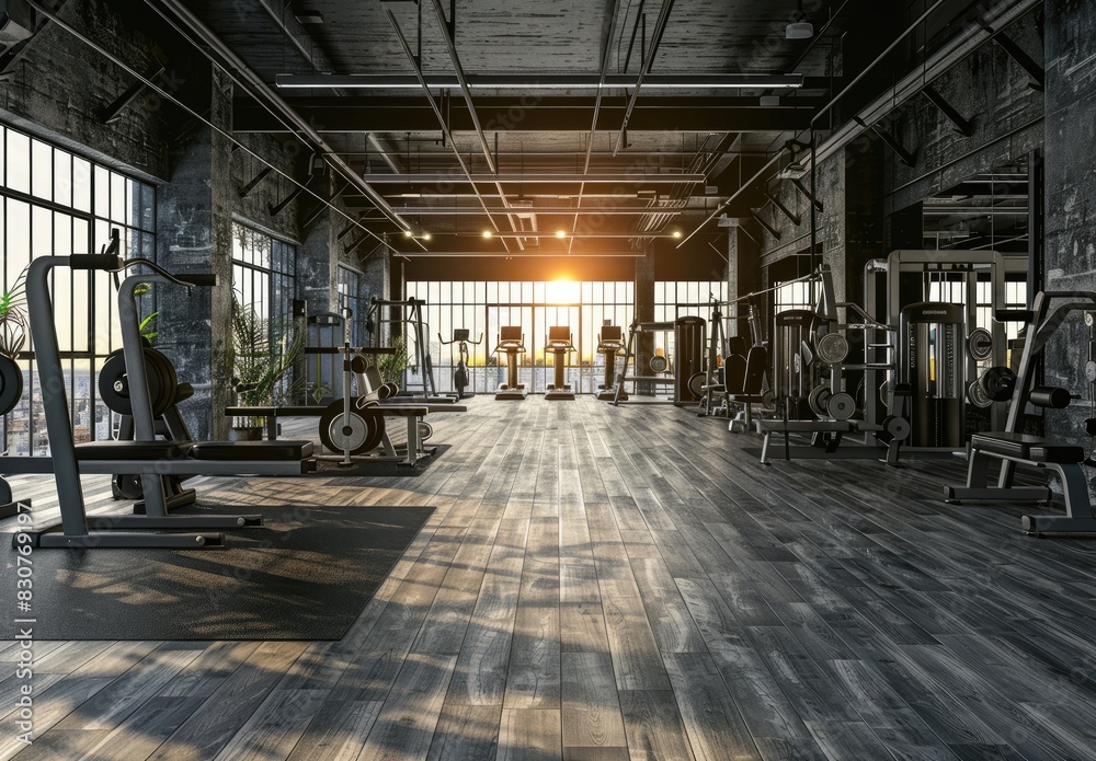 Gym with barbells and dumbbells and different equipment, luxurious aesthetic, exercise, fitness created with AI