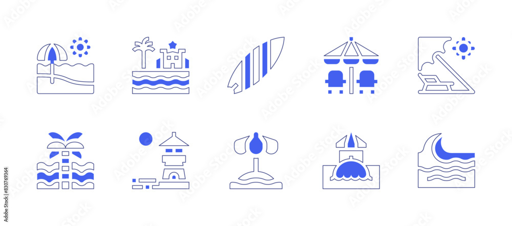 Beach icon set. Duotone style line stroke and bold. Vector illustration. Containing beach, bar, surf, palmtree, wave, sunbathing, lighthouse.