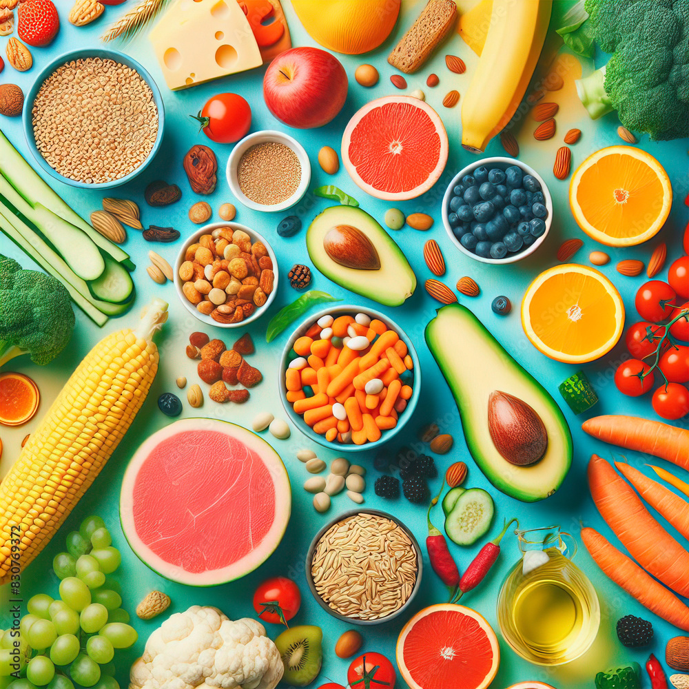 varied healthy food, Mediterranean diet, balanced diet, diet for athletes, fresh vegetables and fruits varied healthy food, Mediterranean diet, balanced diet, diet for athletes, fresh vegetables and fruits