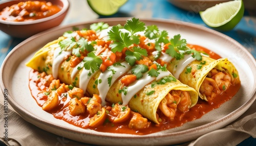 Plate of seafood enchiladas topped with a rich chipotle cream sauce and garnir