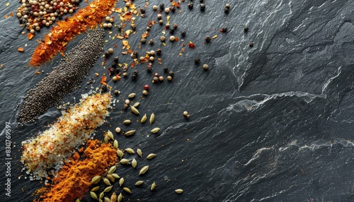 Assorted ground spices and whole seeds artistically presented on a dark slate background, perfect for culinary themes with banner space © DruZhi Art