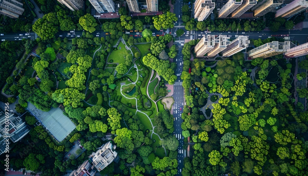 An aerial view of a green urban park surrounded by city buildings and ...