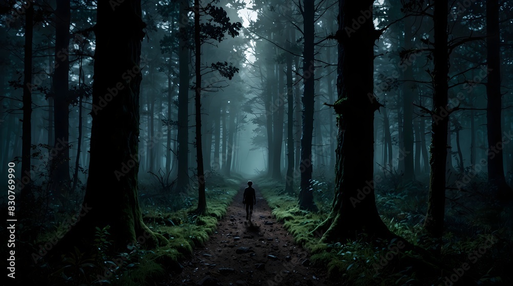 Fototapeta premium An atmospheric tale of a lost adventurer wandering through a vibrant yet foreboding forest where every shadow conceals unknown dangers ai_generated