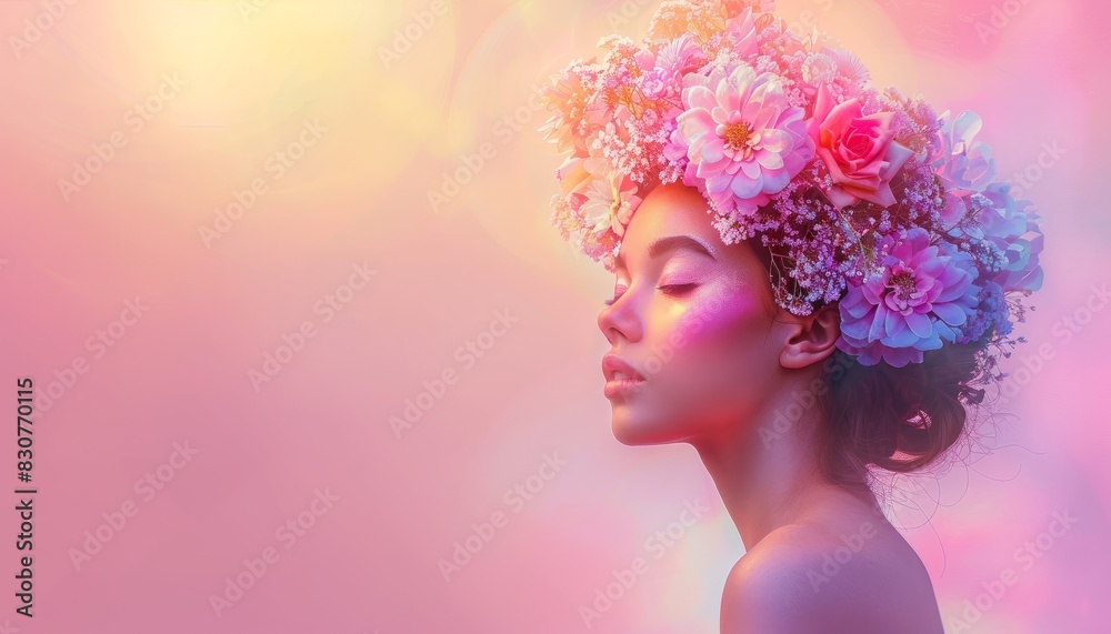 Ethereal woman adorned with a floral headdress in a serene pose against a pastel background, ideal for fashion and beauty themes, with banner space Ethereal woman adorned with a floral headdress in a serene pose against a pastel background, ideal for fashion and beauty themes, with banner space