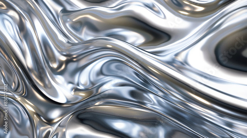 Abstract wavy background,silver chrome metal texture with waves. Generative AI