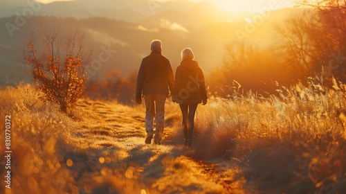Elderly Couple Taking Brisk Morning Walk in Scenic Countryside at Sunrise Embodying Active and Healthy Aging Lifestyle