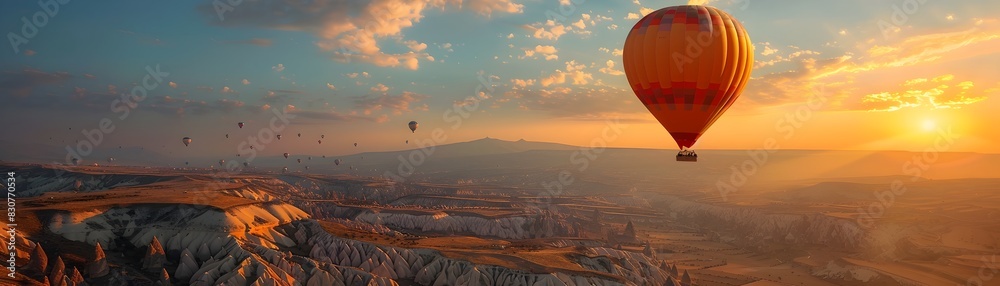 Obraz premium Majestic Hot Air Balloon Ride Over the Breathtaking Landscapes of Cappadocia at Sunset