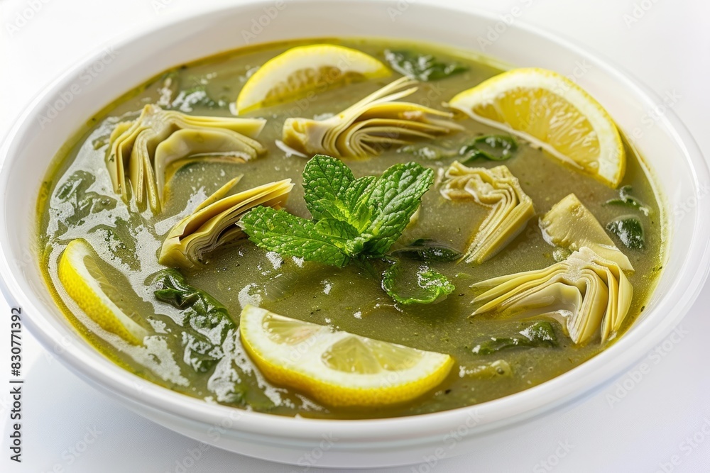 Exquisite Artichoke and Mint Soup in White Bowls for a Luxurious Dining Experience Exquisite Artichoke and Mint Soup in White Bowls for a Luxurious Dining Experience