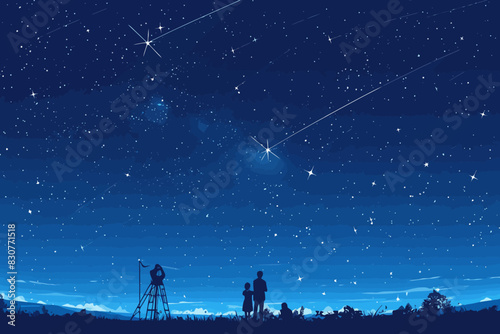 A family with a telescope observing the starry night sky, capturing the beauty of the cosmos. Flat vector illustration.