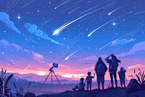 A family watching a spectacular meteor shower in the night sky, with a telescope set up nearby. Flat vector illustration.