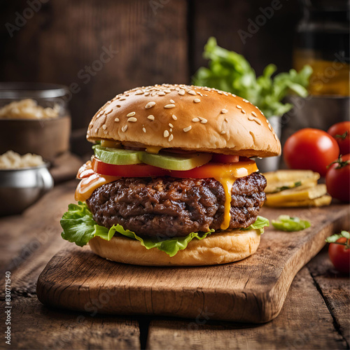 Food photography for a burger shop menu. National Geographic quality photography of a juicy  with a bun sitting on a wooden board  professional presentation and photography