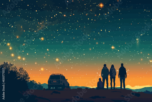 A group of people standing and sitting while stargazing under a starry night sky, with a car parked nearby. Flat vector illustration.