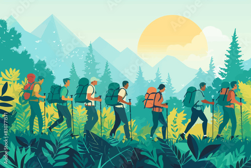 A group of hikers with backpacks walking through a lush mountain landscape with the sun rising. Flat vector illustration.