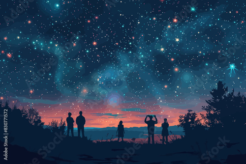 A group of people stargazing  with silhouettes against a vivid night sky filled with stars. Flat vector illustration.