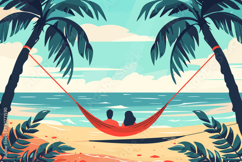 A couple relaxing in a hammock between two palm trees, enjoying a serene beach view. Flat vector illustration.