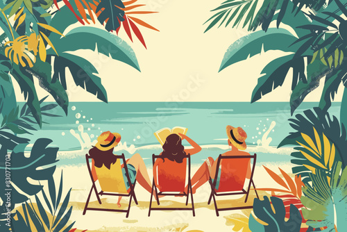 Three friends relaxing on beach chairs under tropical foliage, enjoying the ocean view. Flat vector illustration.