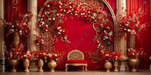 red with golden curtain wedding stage with yellow flowers frames,