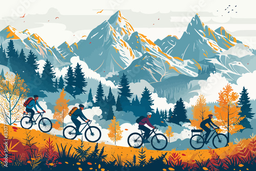 Cyclists riding their bikes through a scenic autumn landscape with mountains in the background. Flat vector illustration.