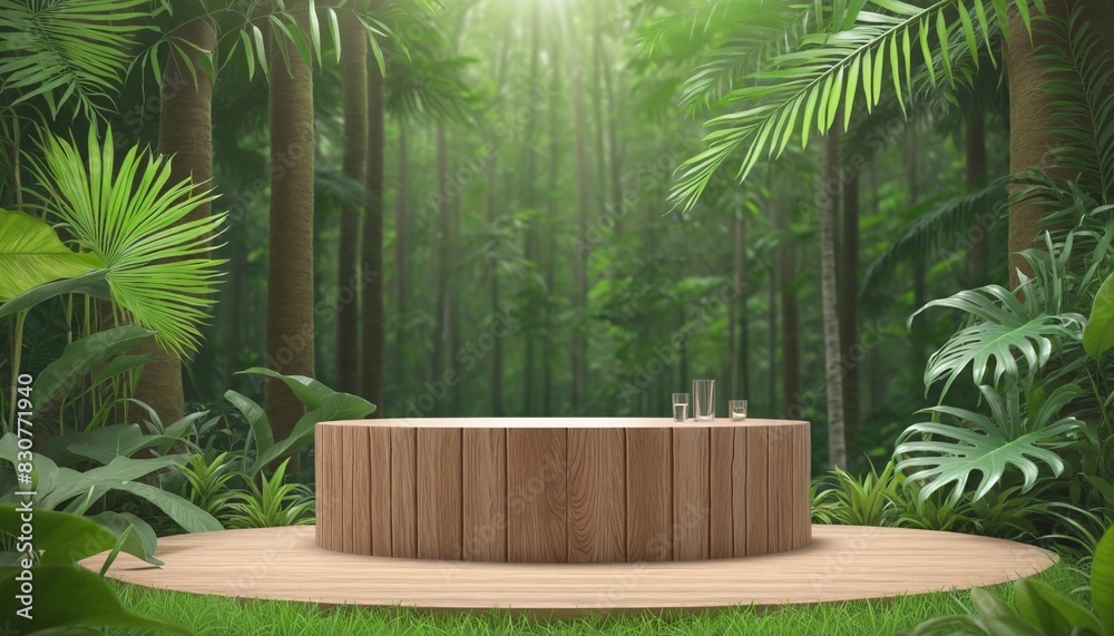 Fototapeta premium Wooden podium in tropical forest for product presentation withgreen background