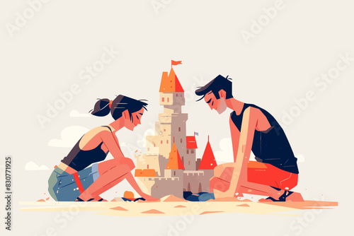 A couple building a sandcastle on a sunny beach, enjoying a summer day. Flat vector illustration isolated on white background.