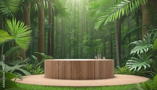 Wooden podium in tropical forest for product presentation withgreen background