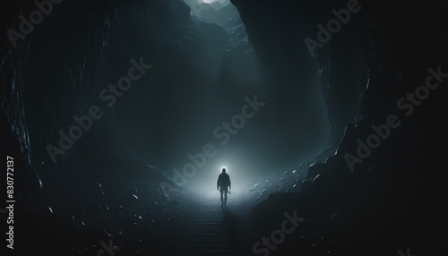 A man walking through a dark valley toward the heavenly light trusting in God, Mystical Dreamy Illustration