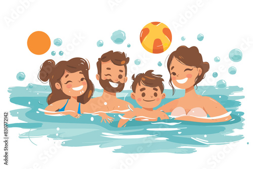 A happy family of four swims together in the pool, smiling and enjoying the water. Flat vector illustration