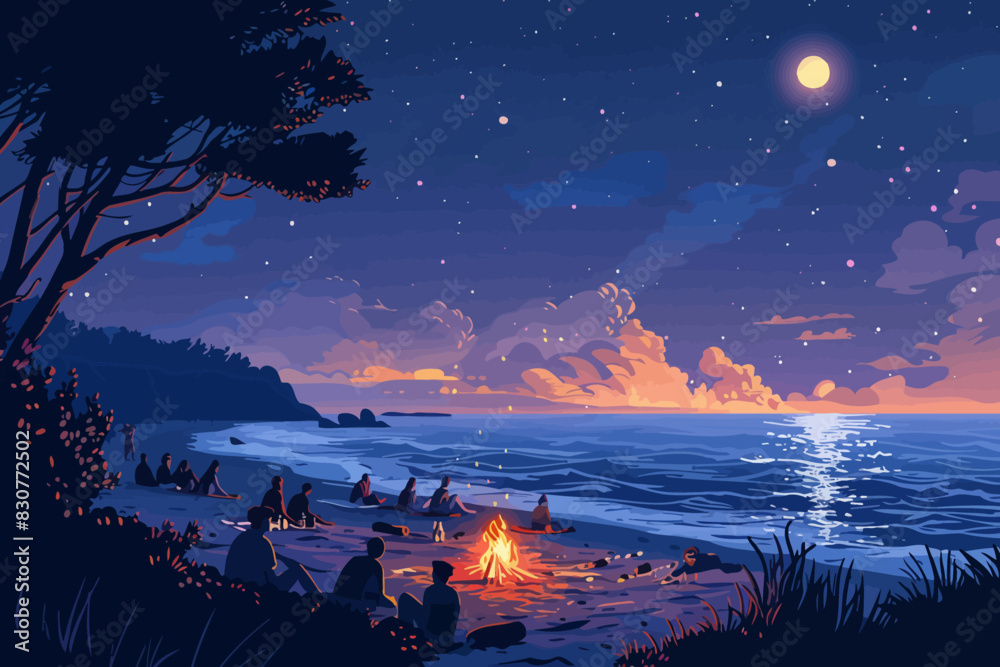 People gather around a campfire on the beach under a moonlit sky. Flat vector illustration.