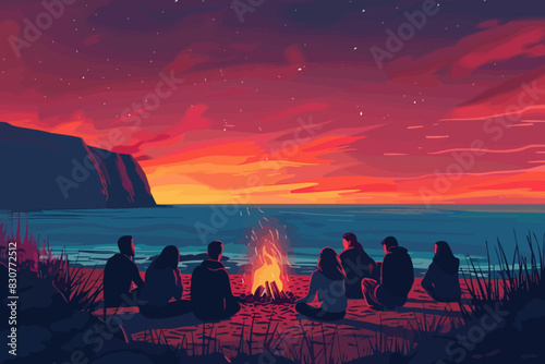 A group of friends sits around a campfire on the beach at sunset. Flat vector illustration.
