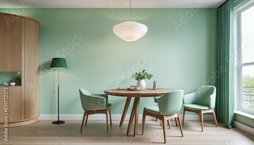 Mint color chairs at round wooden dining table in room 