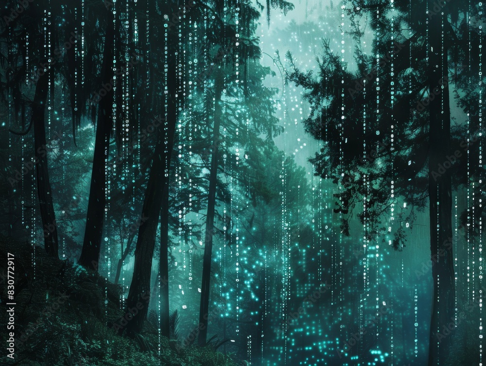 A dark and mysterious forest is described with binary code particles floating in the air.