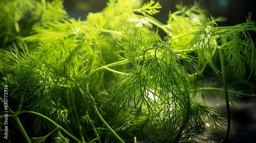 Close-up of the light green, feathery leaves of a dill plant, their delicate strands highlighted by the sun, symbolizing culinary art and flavor. photo