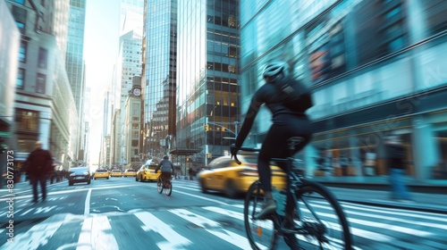 Urban Cyclist Embracing City Energy - Cyclist in Motion Amid Busy City Street