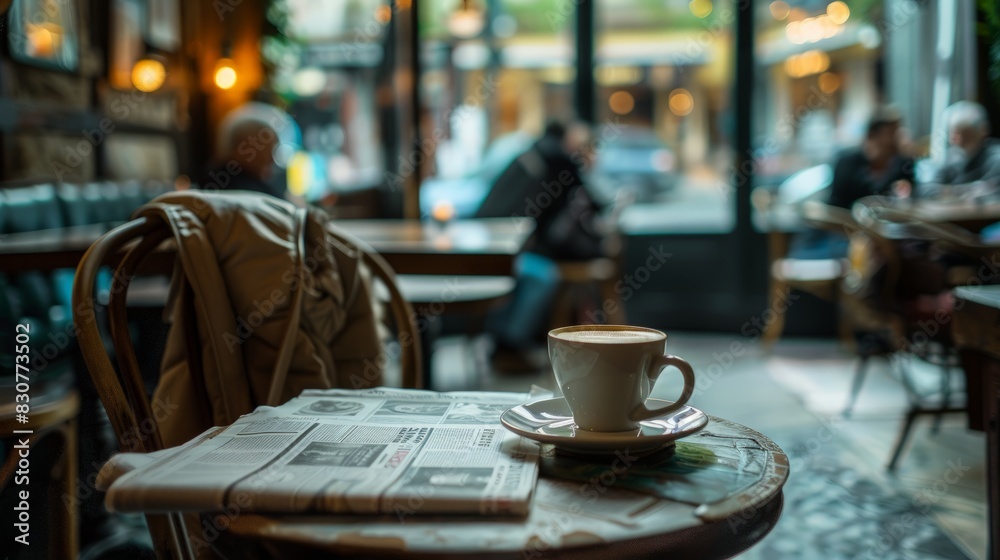 Tranquil Coffee Break: Person Enjoying a Newspaper in a Cozy Cafe Setting