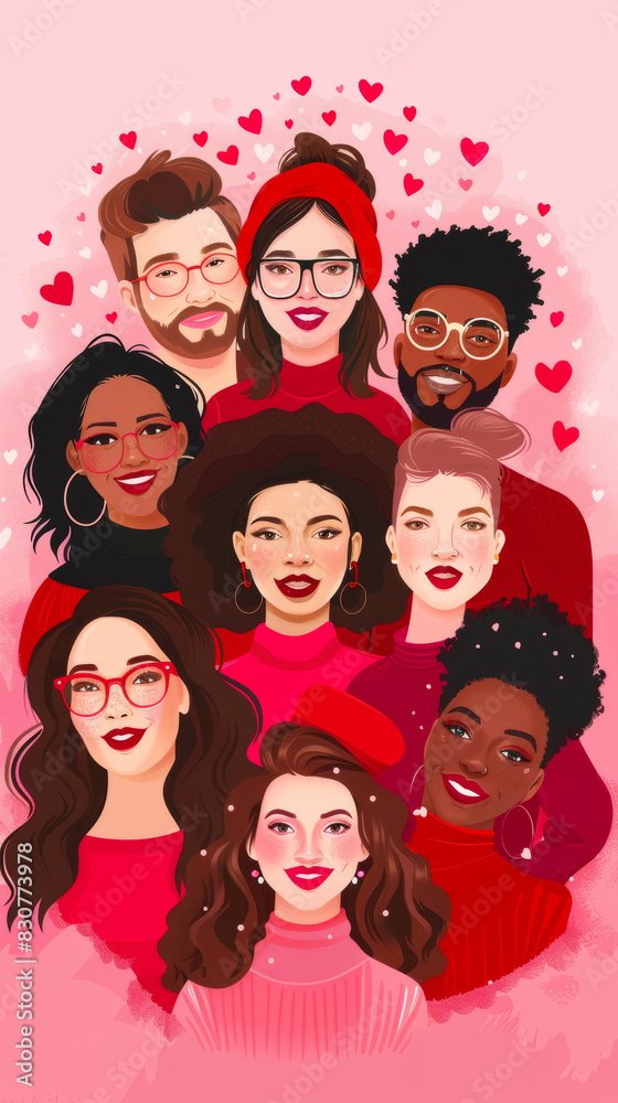 Diverse Group of Friends with Hearts in Valentine's Day Theme Illustration Diverse Group of Friends with Hearts in Valentine's Day Theme Illustration