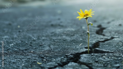 Beautiful flower growing out of crack in asphalt, space for text © robfolio