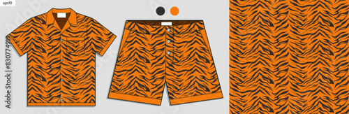 hawaii shirt and short pants mockup with tiger seamless pattern background, summer fashion, abstract texture, artwork for screen print clothes photo